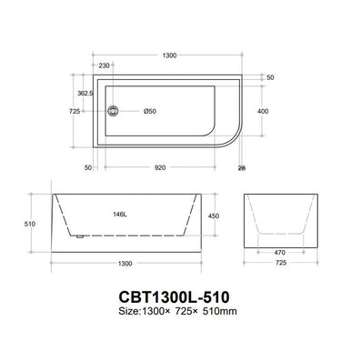 CETO | Casey 1300 x 510mm Left Corner Fit Freestanding Bath Tub
