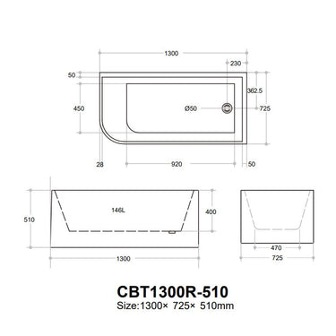 CETO | Casey 1300 x 510mm Right Corner Fit Freestanding Bath Tub