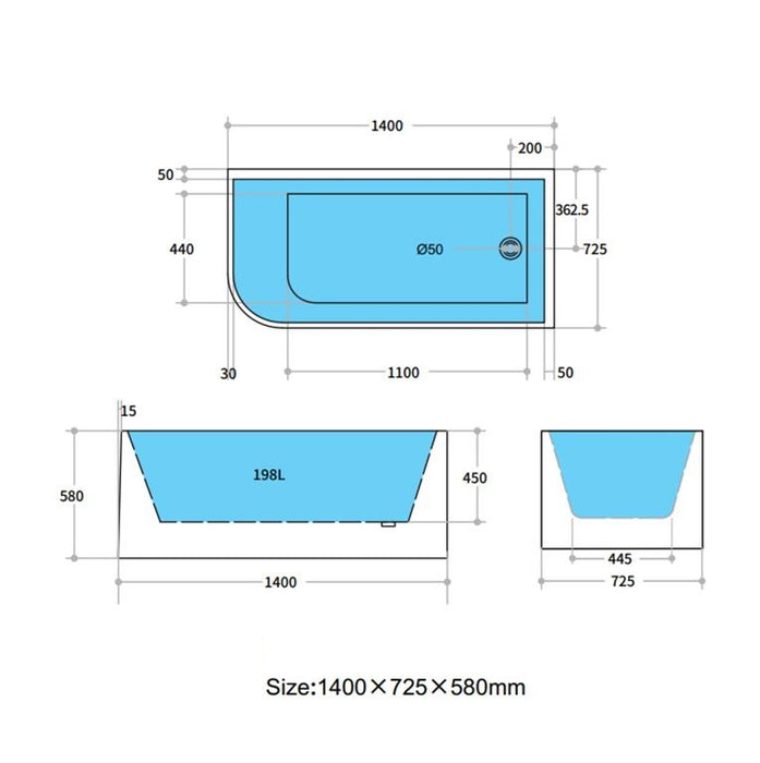 Casey | 1400 Right Corner Fit Freestanding Bath Tub