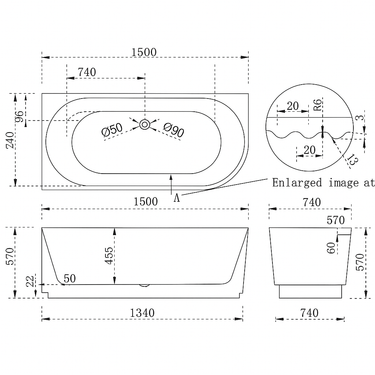 Pavilion Ribbed 1500mm Gloss White Left Corner Fit Freestanding Bath - Acqua Bathrooms