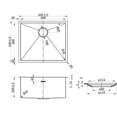 Otti | Axon Sink 52S 520x440x220 Brushed Gold