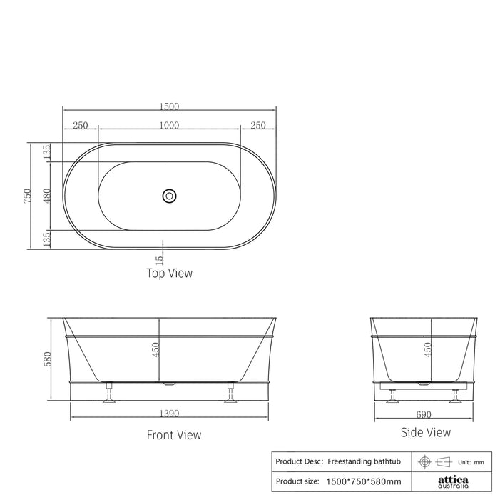 Attica | Bondi 1500 Matte White Designer Freestanding Bath