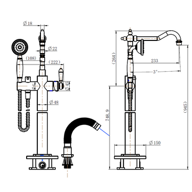 Bordeaux Brushed Bronze Freestanding Bath Mixer with Hand Shower