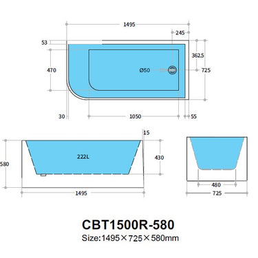 CETO | Casey 1500 Right Corner Fit Matte White Freestanding Bath Tub