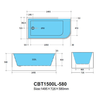 CETO | Casey 1500 Left Corner Fit Matte White Freestanding Bath Tub