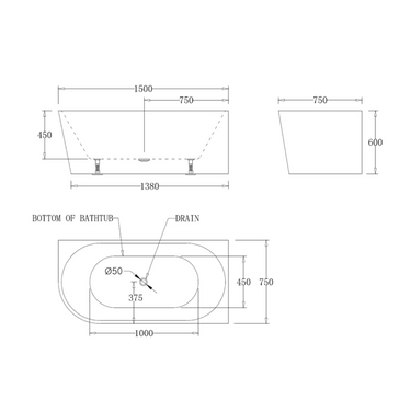 Luna 1500mm Right Corner Gloss White Freestanding Bath