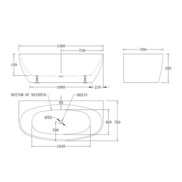 Oval Egg Shape 1500mm Gloss White Back to Wall Freestanding Bath - Acqua Bathrooms
