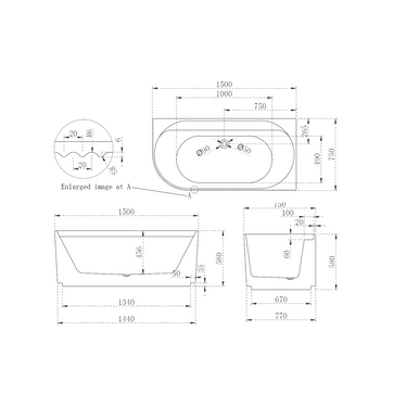 Pavilion Ribbed 1500mm Gloss White Right Corner Fit Freestanding Bath - Acqua Bathrooms