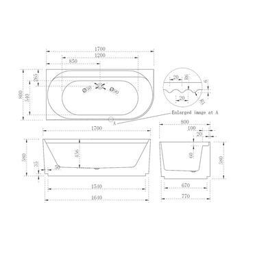 Pavilion Ribbed 1700mm Gloss White Left Corner Fit Freestanding Bath - Acqua Bathrooms
