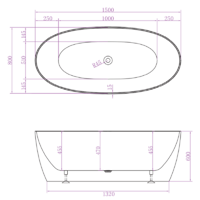 Super Slim Edge Delta Oval Shape Matt White Finish Easy Clean Freestanding Bathtub 1500