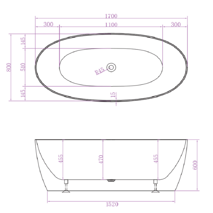 Super Slim Edge Delta Oval Shape Matt White Finish Easy Clean Freestanding Bathtub 1700