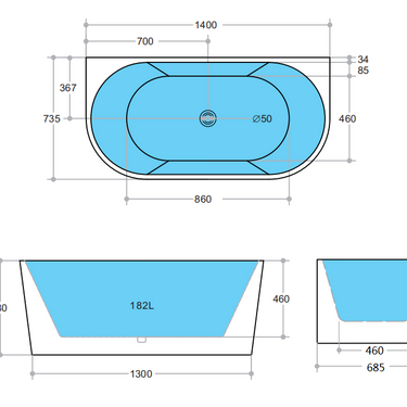 Elivia 1400mm Back to wall Matte White Bathtub