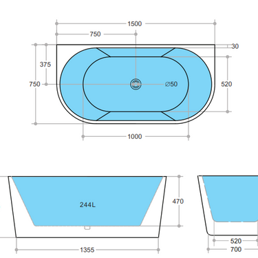 Elivia 1500mm Back to wall Matte White Bathtub