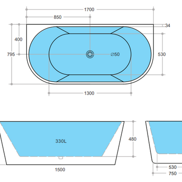 Elivia 1700mm Back to wall Bathtub