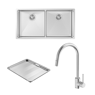 Alfresco 400 Double Bowl Sink with Drain Tray & KTA037-316-BR Kitchen Sink Mixer
