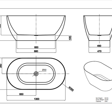 LUKKA | Ellips 1300mm Slim Free Standing Bathtub