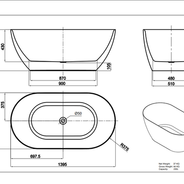 LUKKA | Ellips 1395mm Slim Free Standing Bathtub