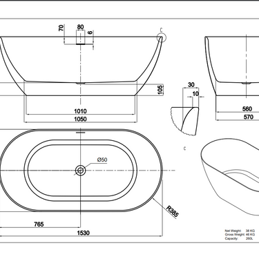 LUKKA | Ellips 1530mm Slim Free Standing Bathtub