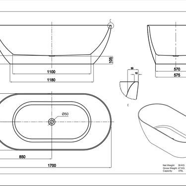 LUKKA | Ellips 1700mm Slim Free Standing Bathtub