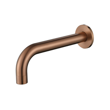 A wall-mounted champagne gold bath spout made of solid brass with a rounded base and an arched output.