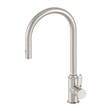 York | Brushed Nickel Pull Out Sink Mixer With Vegie Spray Function With White Porcelain Lever