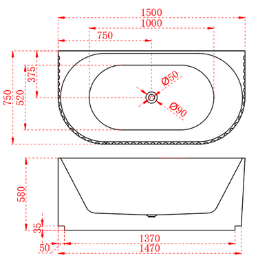 Roma Fluted 1700 Gloss White Back to Wall Round Freestanding Bath