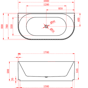 Roma Fluted 1700 Matte White Back to Wall Round Freestanding Bath