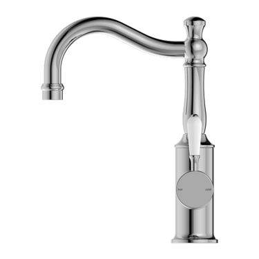 York | Chrome Basin Mixer Hook Spout With White Porcelain Lever