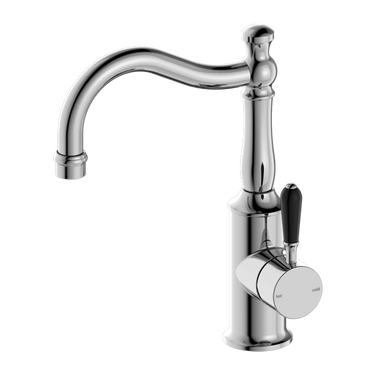 York | Chrome Basin Mixer Hook Spout With Black Porcelain Lever