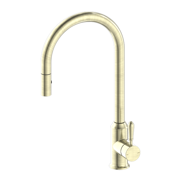 York | Aged Brass Pull Out Sink Mixer With Vegie Spray Function With Metal Lever