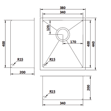 Handmade | Copper Single Bowl Round Corner Sink 440 X 380 X 200 X 1.2mm