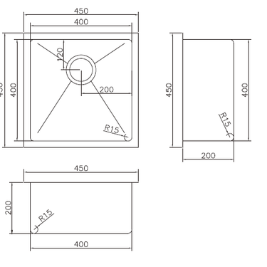 Handmade | Single Bowl Square Corner Sink 450 x 450 x 200 x 1.2mm