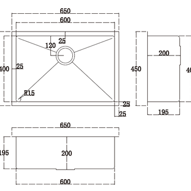 Handmade | Single Bowl Round Corner Sink 650 x 450 x 200 x 1.2mm