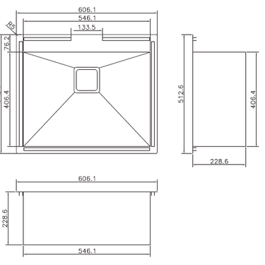 Handmade | Single Bowl Square Corner Sink 606 x 512 x 228 x 1.2mm