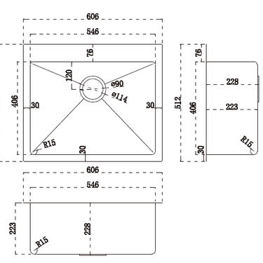 Handmade | Single Bowl Round Corner Sink 606 x 512 x 228 x 1.2mm