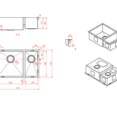 Handmade | Double Bowl Square Corner Sink  670 x 440 x 200 x 1.2mm