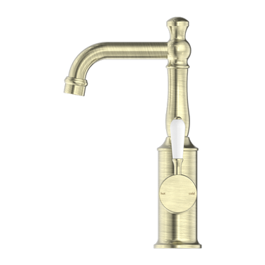 York | Aged Brass Basin Mixer With White Porcelain Lever