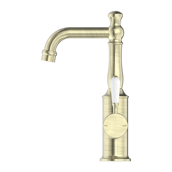 York  | Aged Brass Basin Mixer With White Porcelain Lever