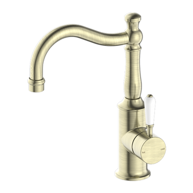 York | Aged Brass Basin Mixer Hook Spout With White Porcelain Lever