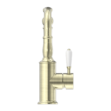 York | Aged Brass Basin Mixer Hook Spout With White Porcelain Lever