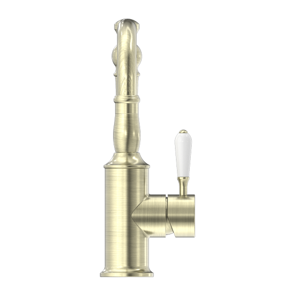 York | Aged Brass Basin Mixer Hook Spout With White Porcelain Lever