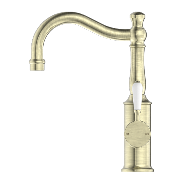 York | Aged Brass Basin Mixer Hook Spout With White Porcelain Lever