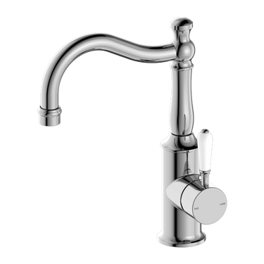 York | Chrome Basin Mixer Hook Spout With White Porcelain Lever