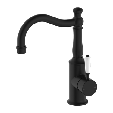 York | Black Basin Mixer Hook Spout With White Porcelain Lever