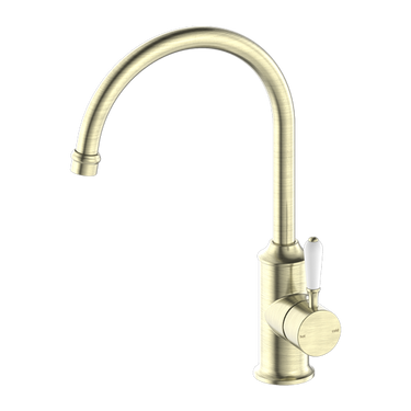 York  | Aged BrassKitchen Mixer Goosneck Spout With White Porcelain Lever