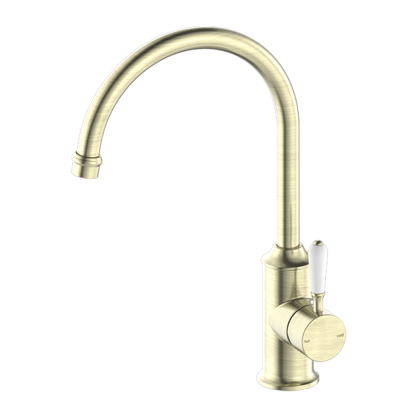 York  | Aged BrassKitchen Mixer Goosneck Spout With White Porcelain Lever