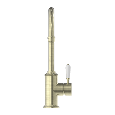 York  | Aged BrassKitchen Mixer Goosneck Spout With White Porcelain Lever