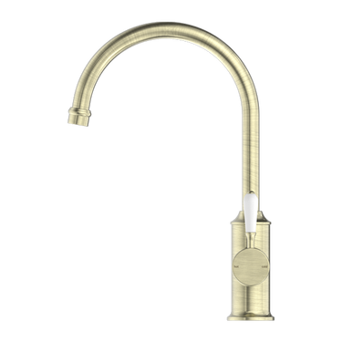 York  | Aged BrassKitchen Mixer Goosneck Spout With White Porcelain Lever