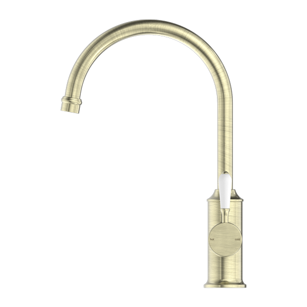 York  | Aged BrassKitchen Mixer Goosneck Spout With White Porcelain Lever