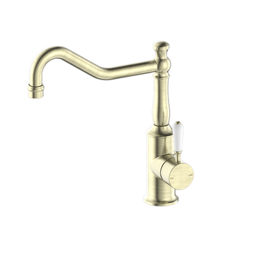 York  |  Aged Brass Kitchen Mixer Hook Spout With White Porcelain Lever